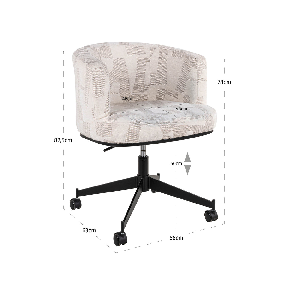 Scaun dining Rochenne, graffic bej, rotativ, pe roți – desen tehnic cu dimensiuni