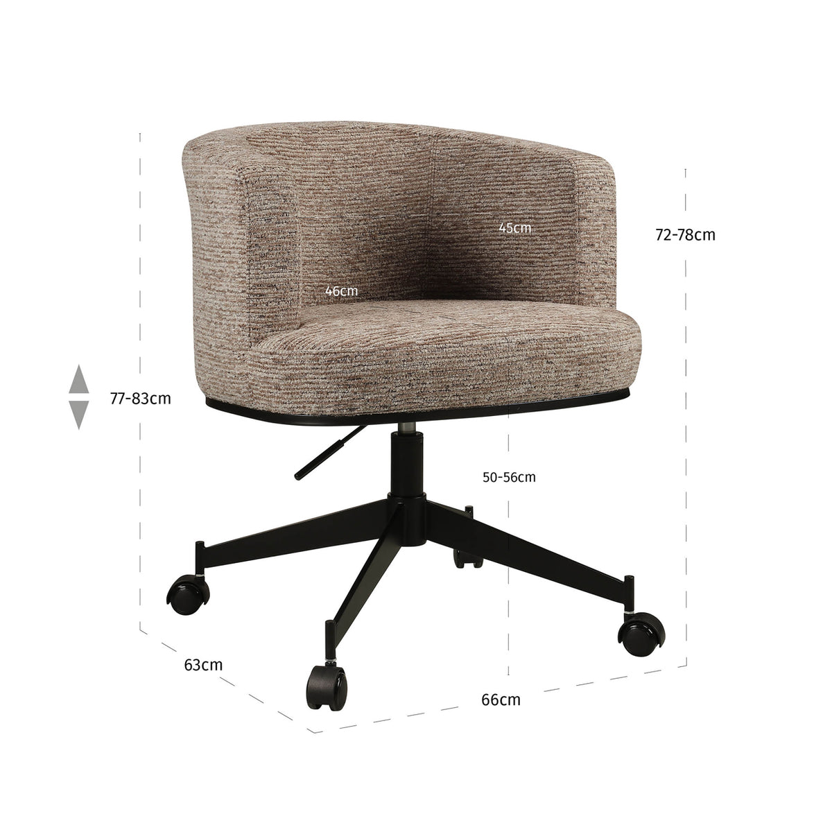Scaun dining Rochenne, linear moca, rotativ, pe rotile – desen tehnic cu dimensiuni