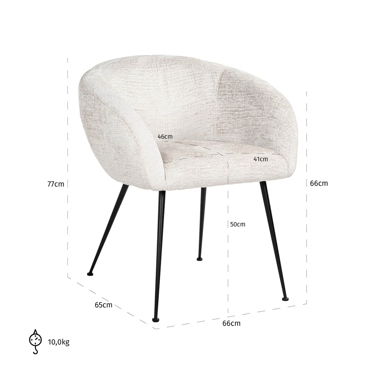 Scaun dining Ruby, fusion crem – desen tehnic cu dimensiuni