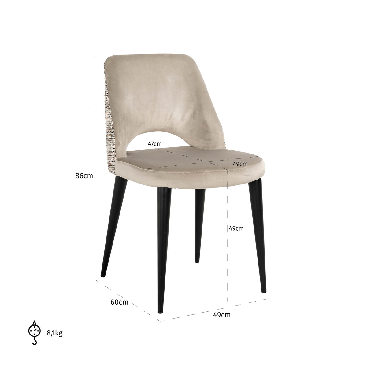 Scaun dining Tabitha, trendy nature, ignifug (set de 2) – desen tehnic cu dimensiuni