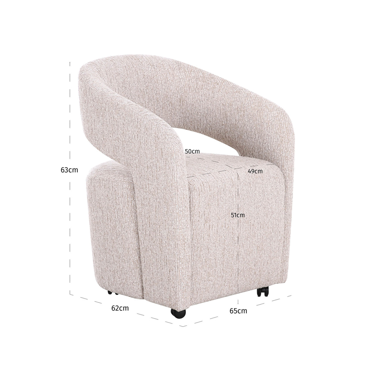 Scaun dining Vixen, natural linear, cu roți – desen tehnic cu dimensiuni
