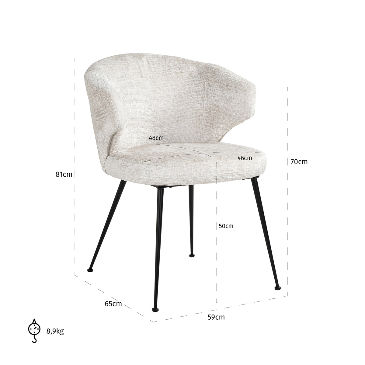 Scaun dining Xandra, fusion crem – desen tehnic cu dimensiuni
