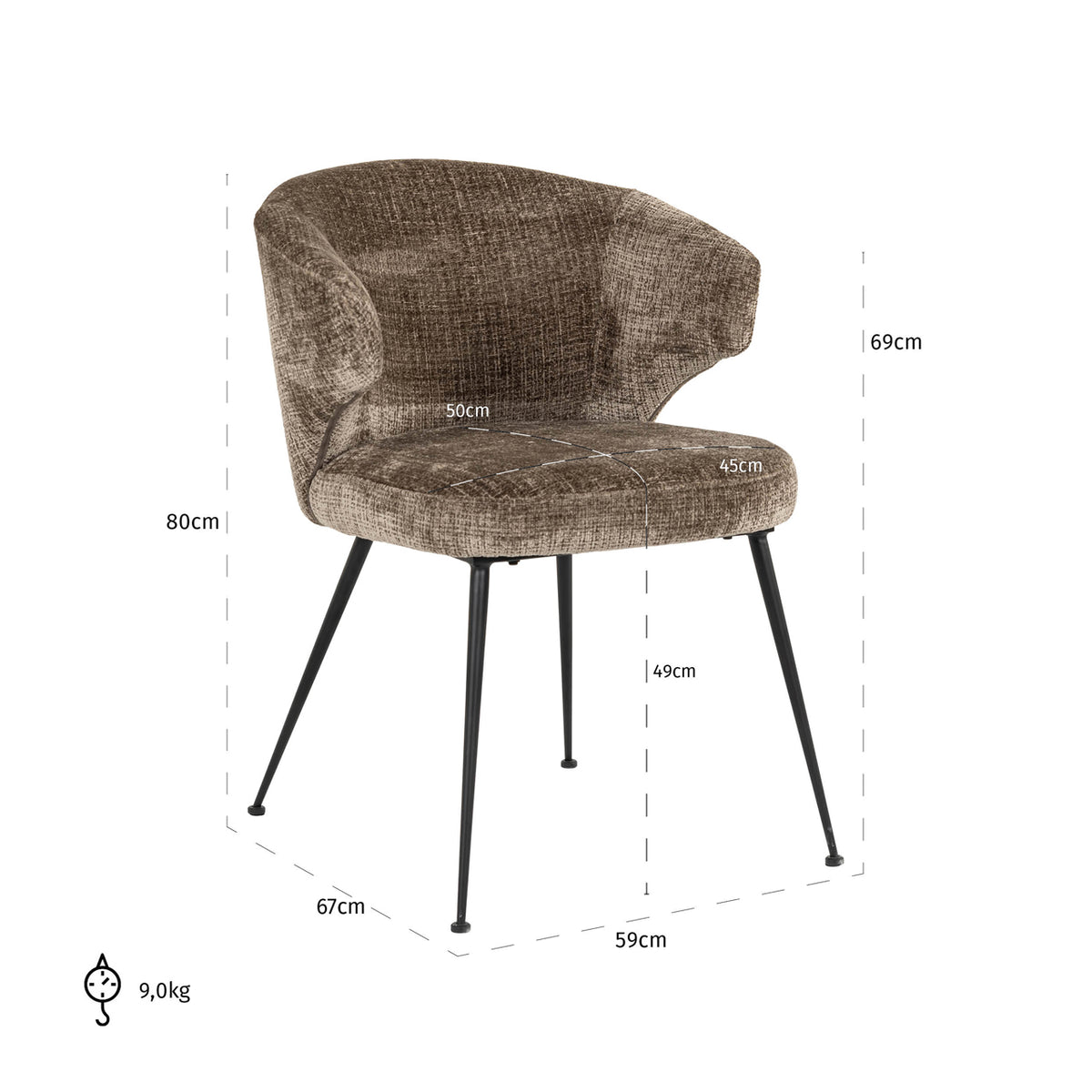 Scaun dining Xandra, niagara stone, ignifug – desen tehnic cu dimensiuni