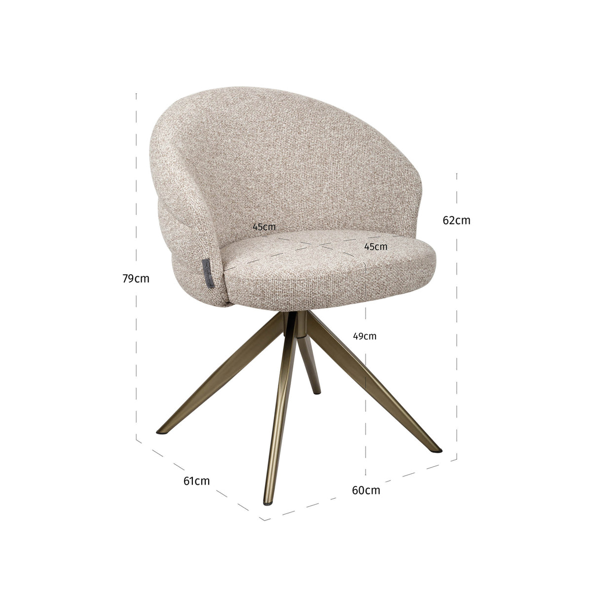 Scaun dining Zendaya, maro cayenne, rotativ, ignifug – desen tehnic cu dimensiuni