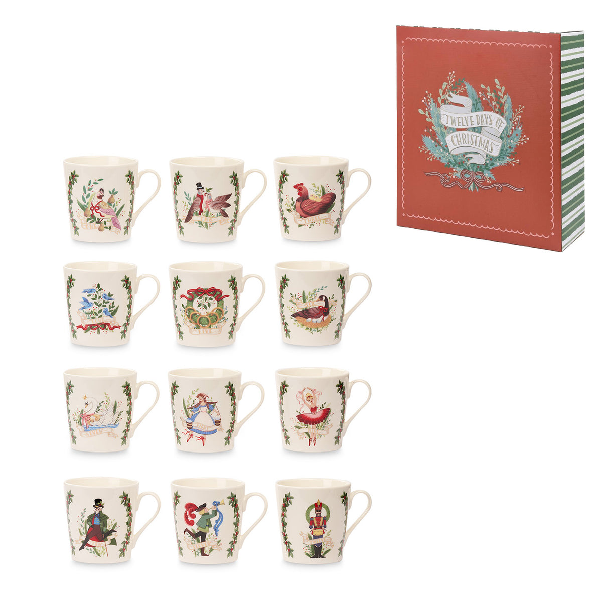 Set 12 căni din porțelan, cele 12 zile de Crăciun, roșu/alb, 12 cm