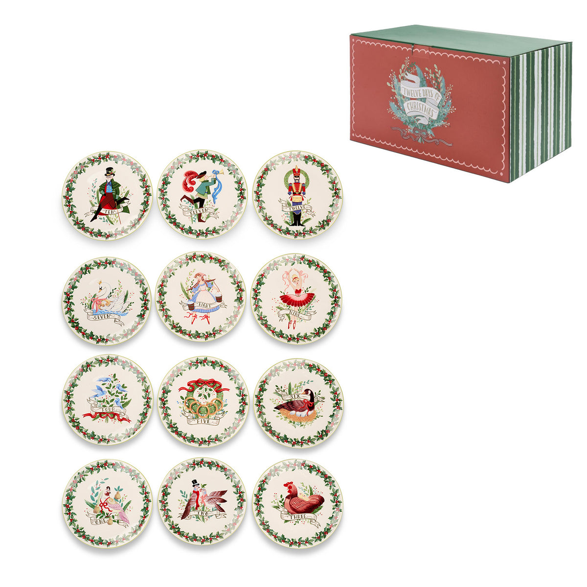 Set 12 farfurii din porțelan, cele 12 zile de Crăciun, alb/roșu, 20 cm