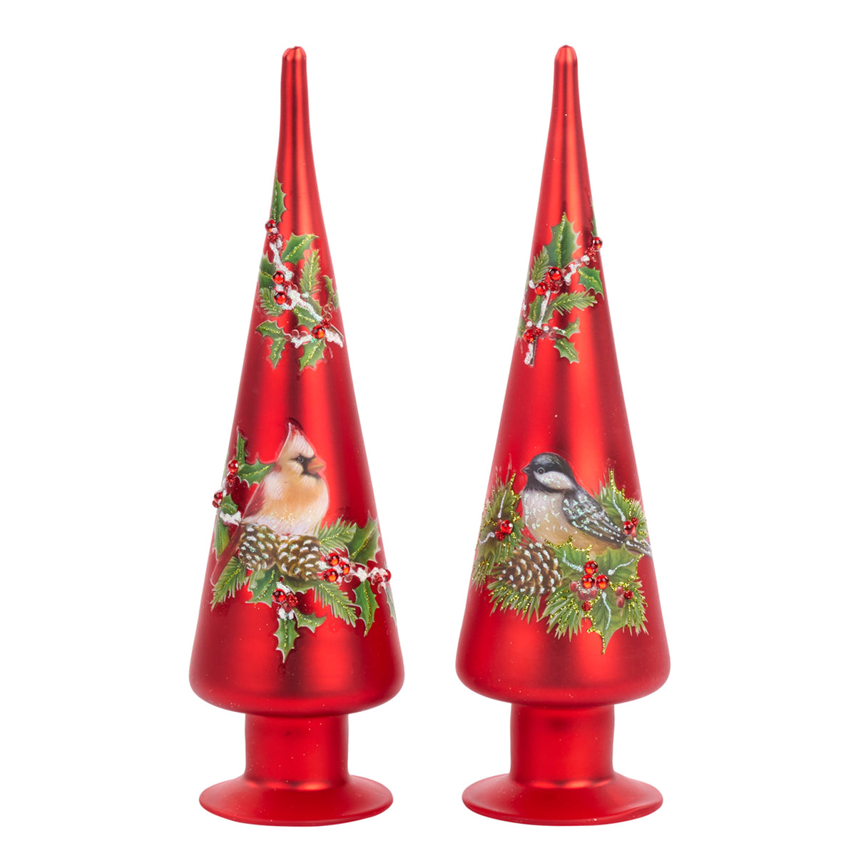 Set 2 brăduți conici din sticlă cu pasăre și frunze de ilice, roșu/verde, 33 cm