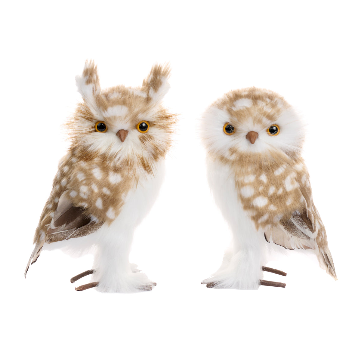Set 2 bufnițe pestrițe din blăniță, maro/alb, 20,5 cm