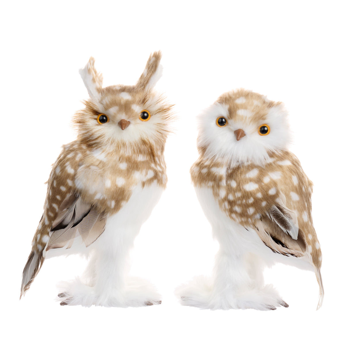 Set 2 bufnițe pestrițe din blăniță, maro/alb, 28 cm