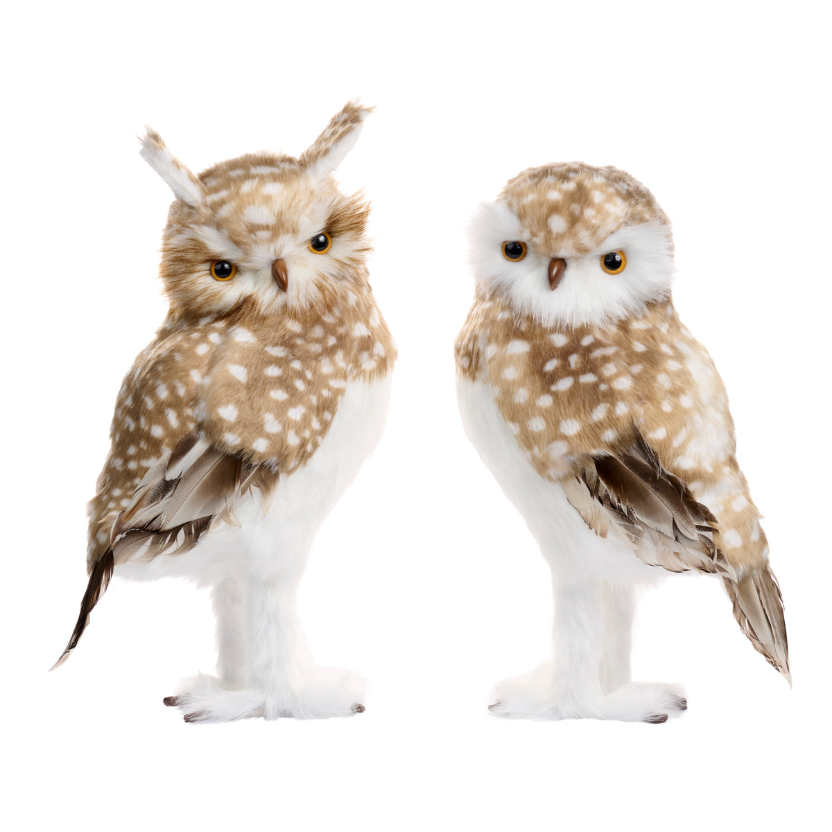 Set 2 bufnițe pestrițe din blăniță, maro/alb, 41,5 cm