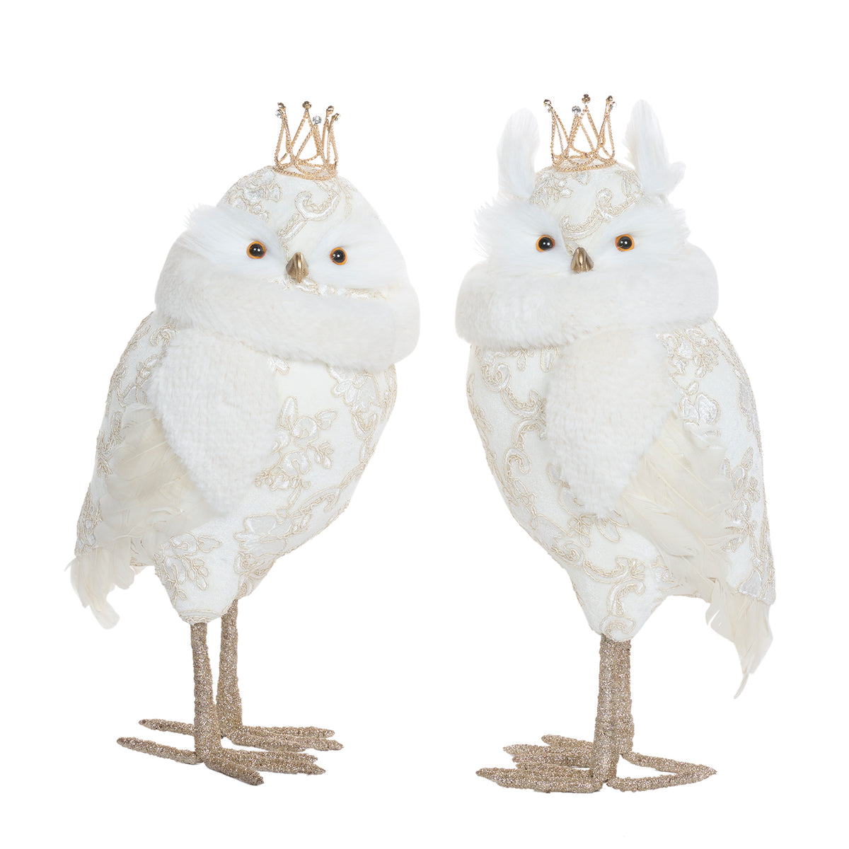 Set 2 bufnițe regale din brocart, alb/crem/auriu, 57 cm
