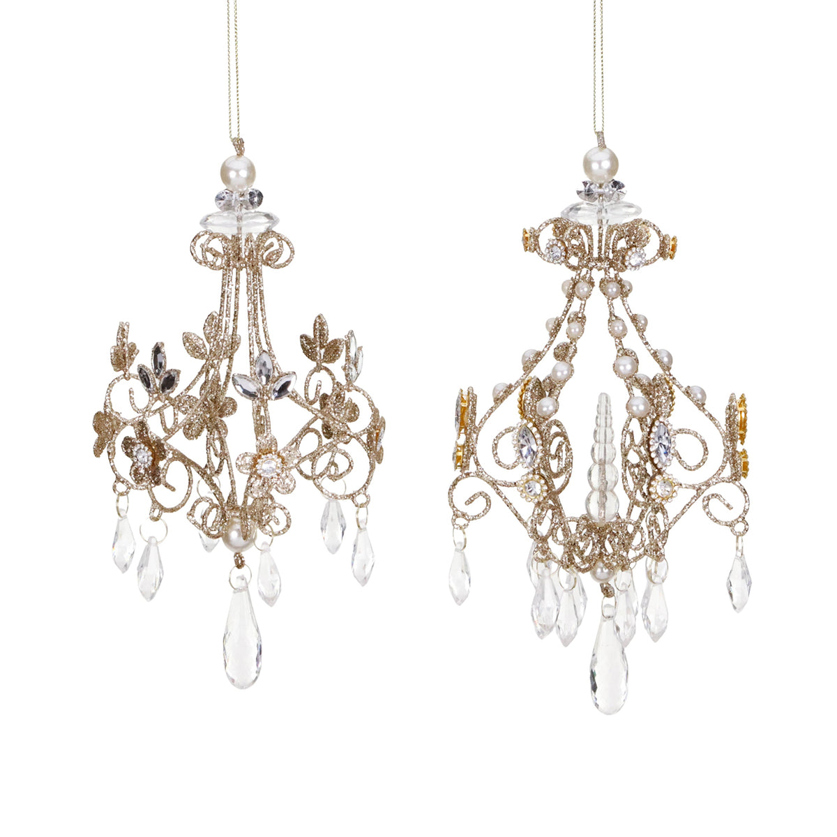 Set 2 candelabre din sârmă metalică cu pietre, auriu/transparent, 21,5 cm