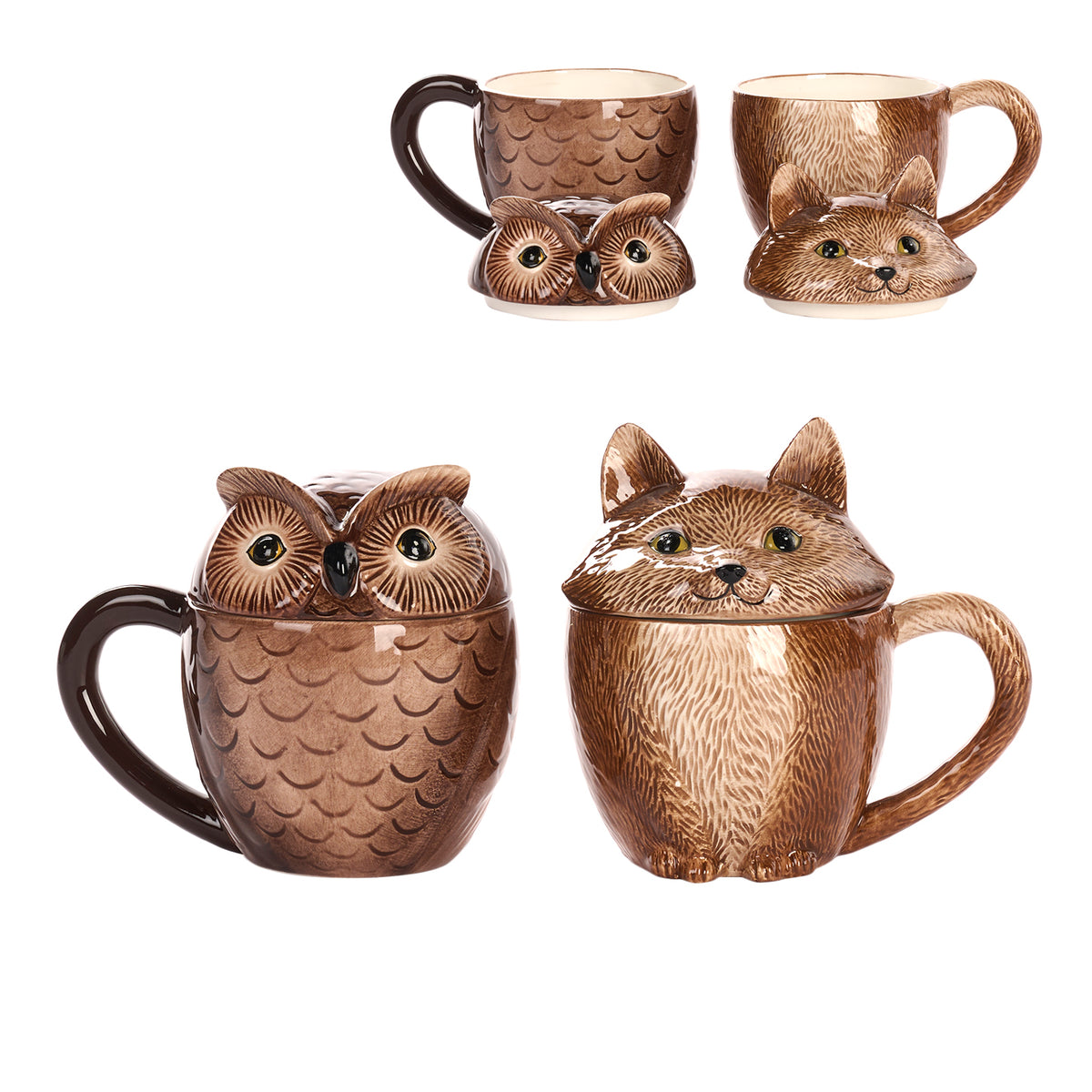 Set 2 căni din dolomită cu vulpe și bufniță, maro, 14 cm