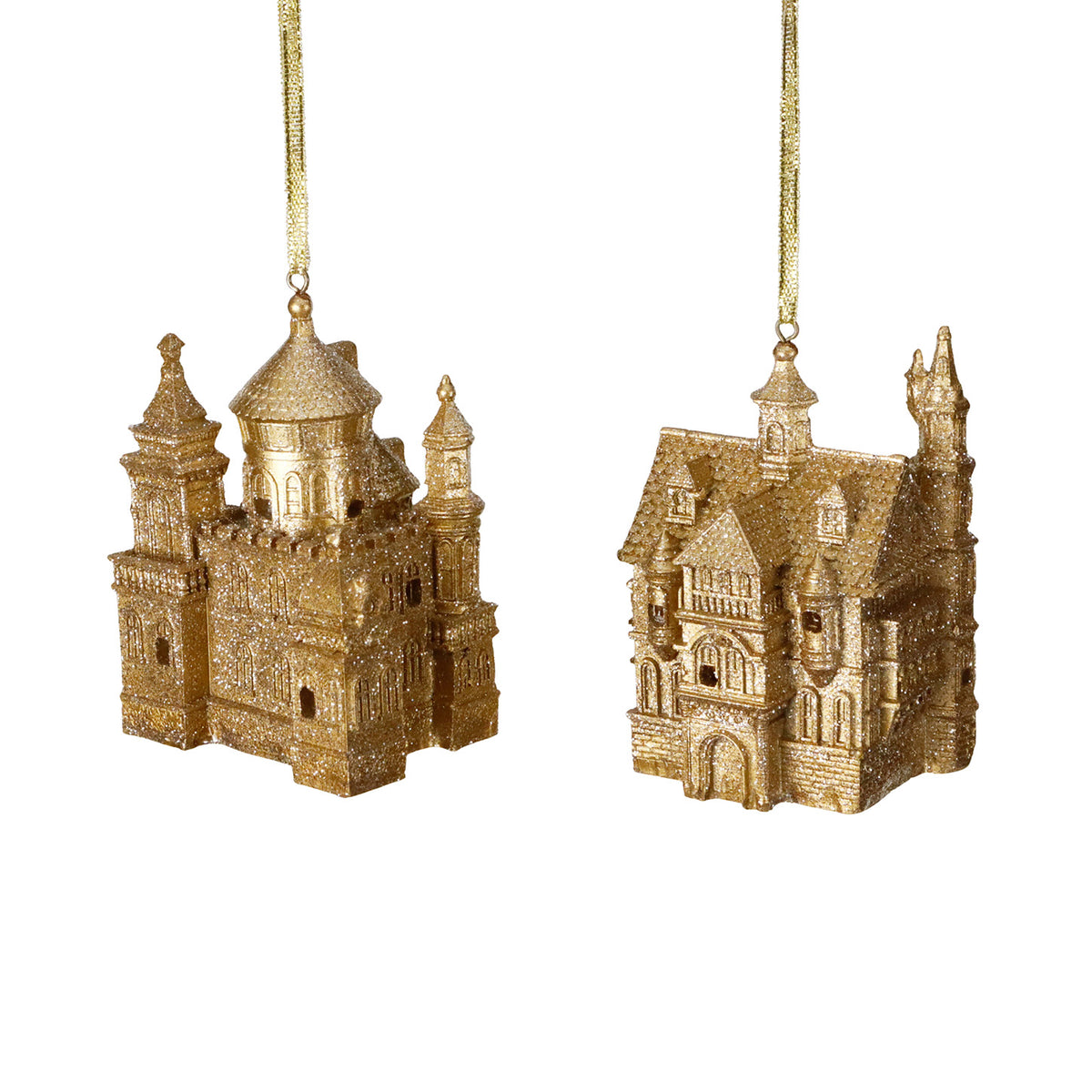Set 2 castele cu LED și sclipici, de agățat, auriu, 10,5 cm