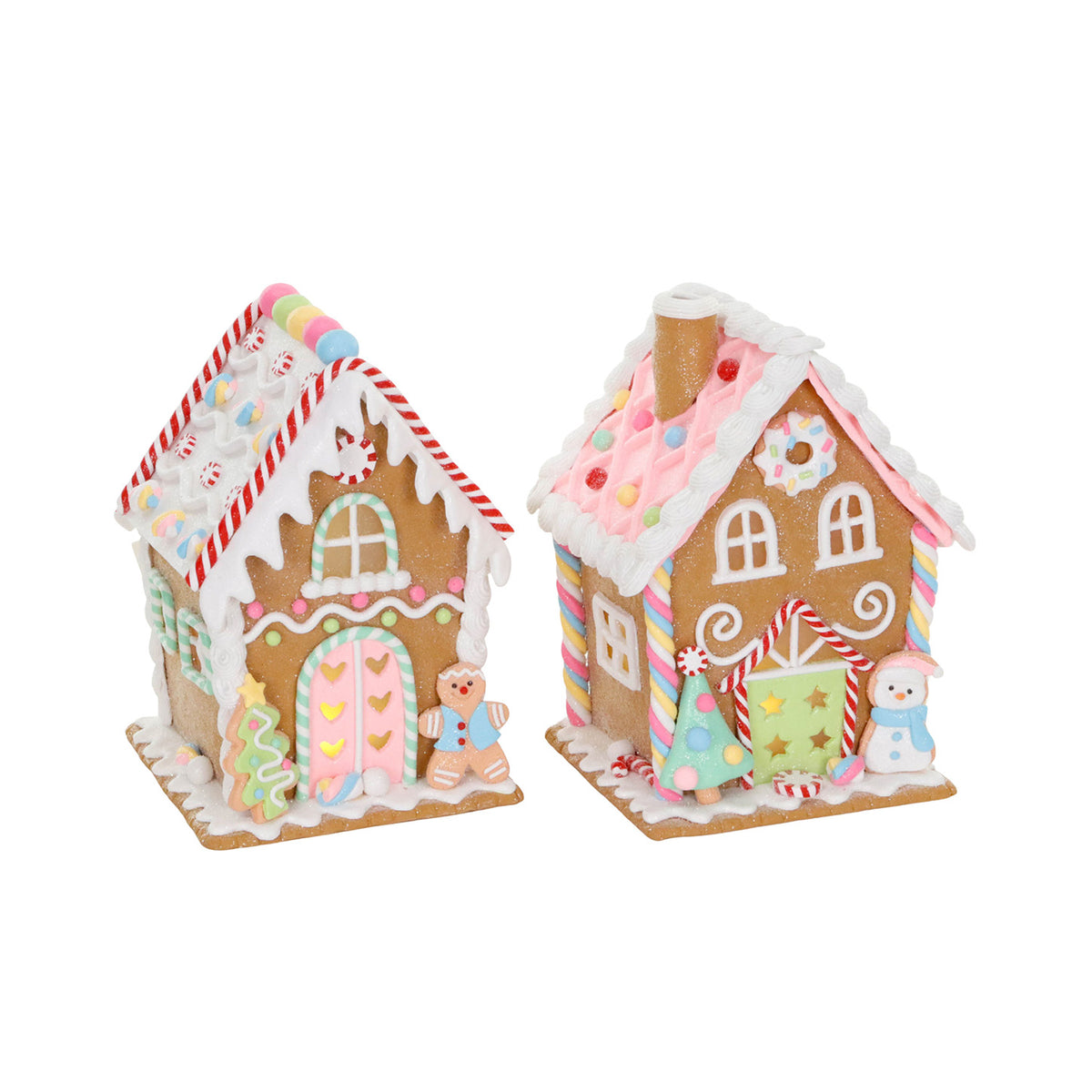 Set 2 căsuțe de turtă dulce din lut, cu LED, maro/roz, 21,5 cm