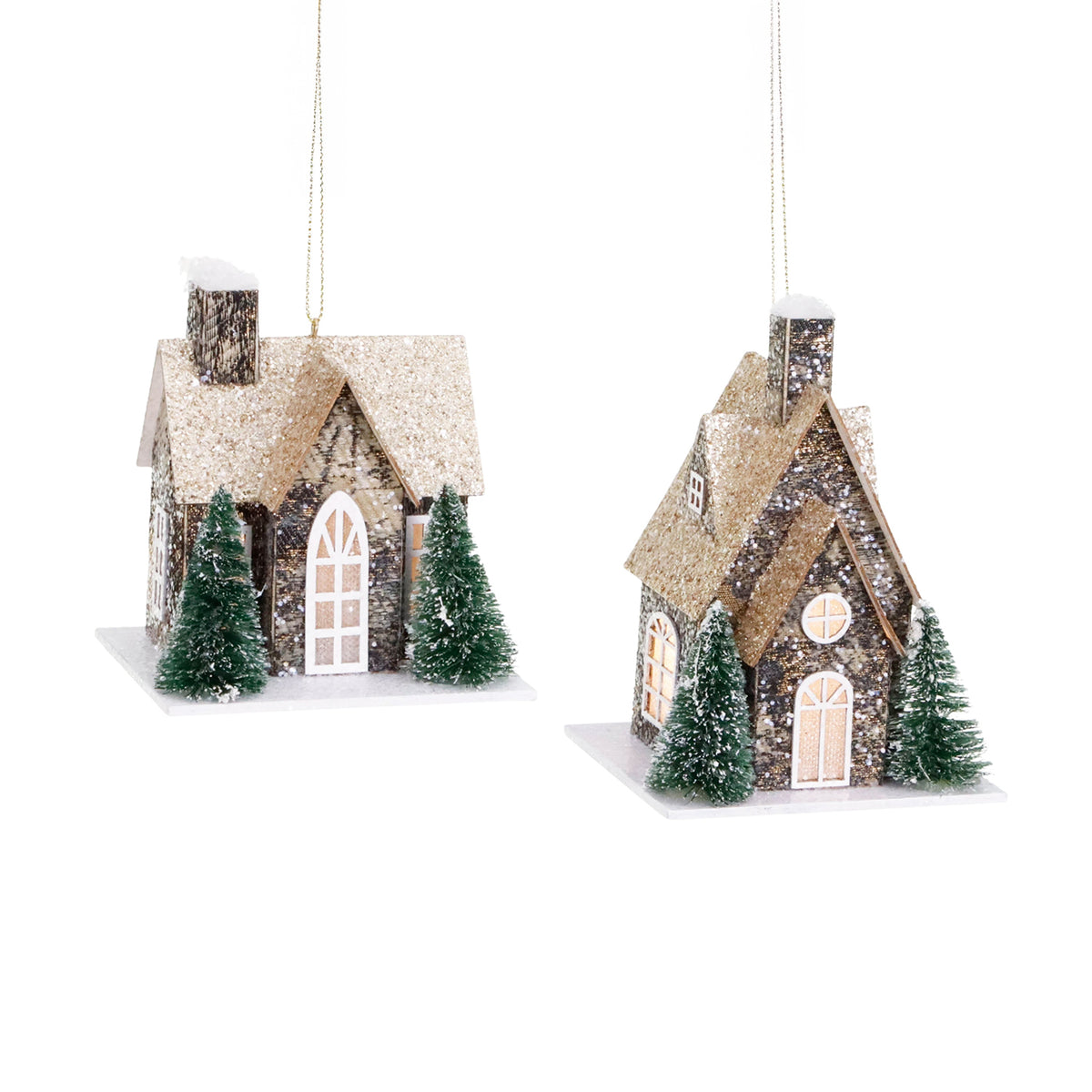 Set 2 căsuțe din hârtie cu LED, de agățat, maro/alb, 12,5 cm