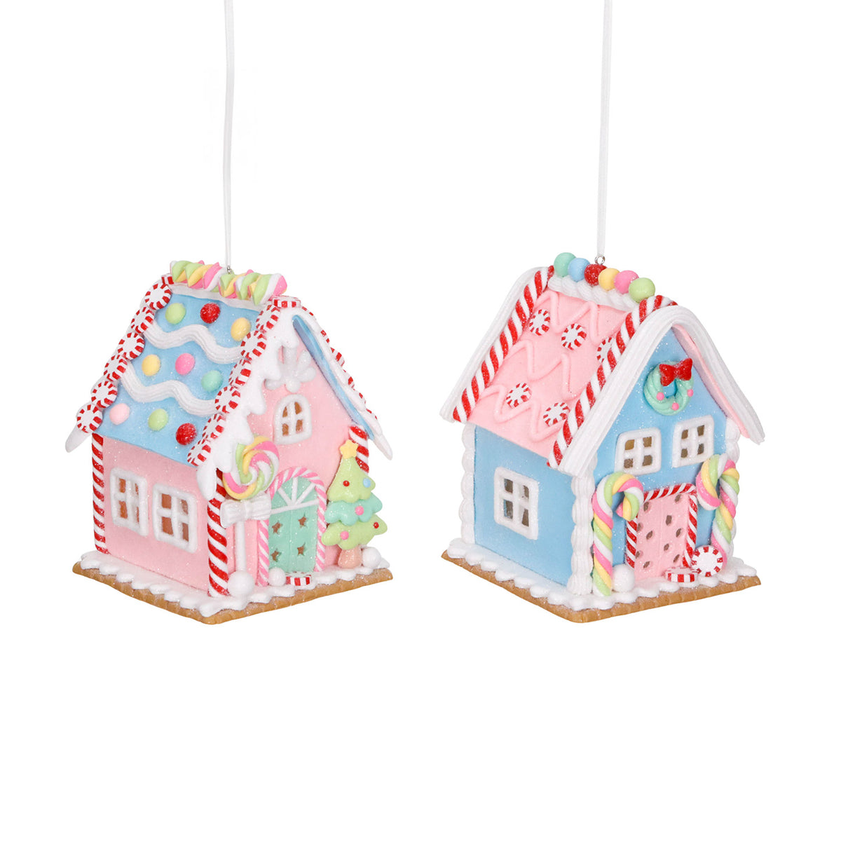 Set 2 căsuțe din turtă dulce, din lut, cu LED, roz/albastru, 13,5 cm
