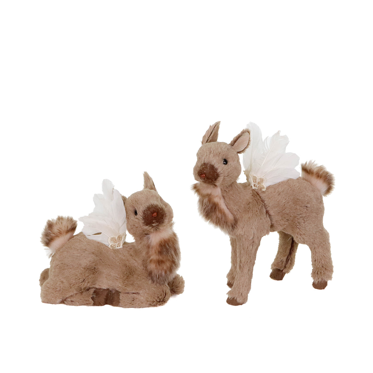 Set 2 cerbi zâne din blăniță și pene, maro, 21 cm