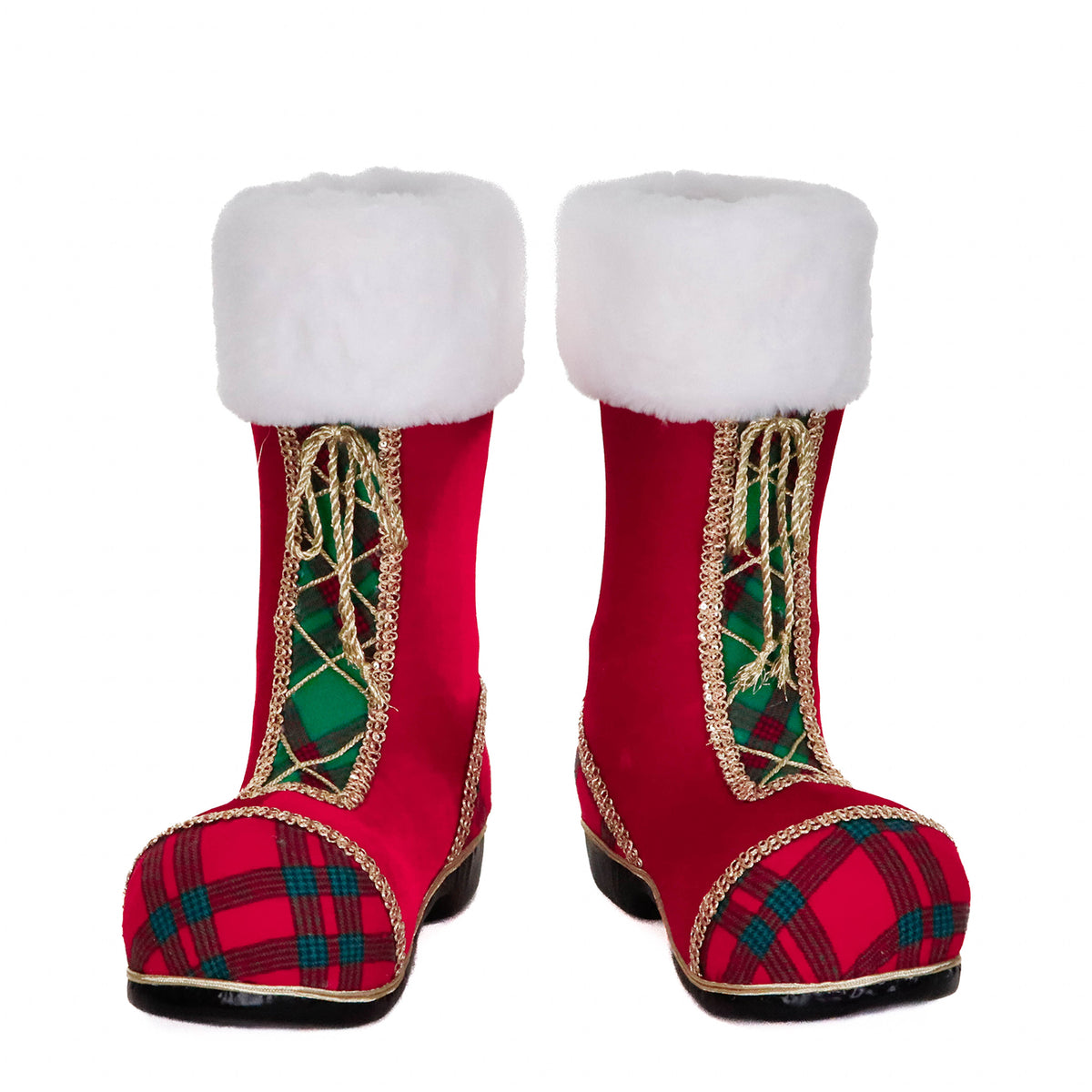 Set 2 cizme de Moș Crăciun din textil tartan, roșu/verde/alb, 38 cm