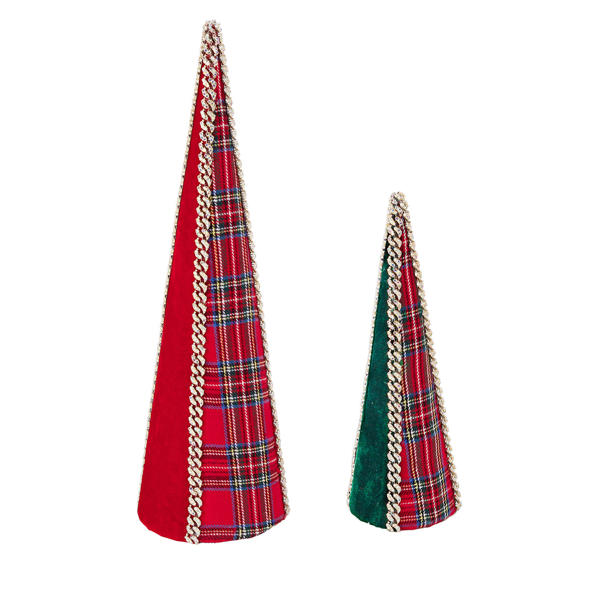 Set 2 conuri decorative din catifea cu carouri tartan și bordură cu pietre, roșu/verde, 45 cm
