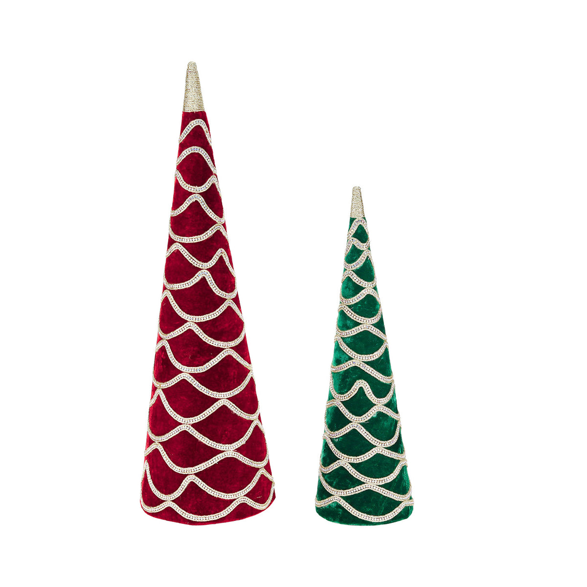 Set 2 conuri decorative din catifea, cu pietre și margini festonate, roșu/verde/auriu, 62 cm
