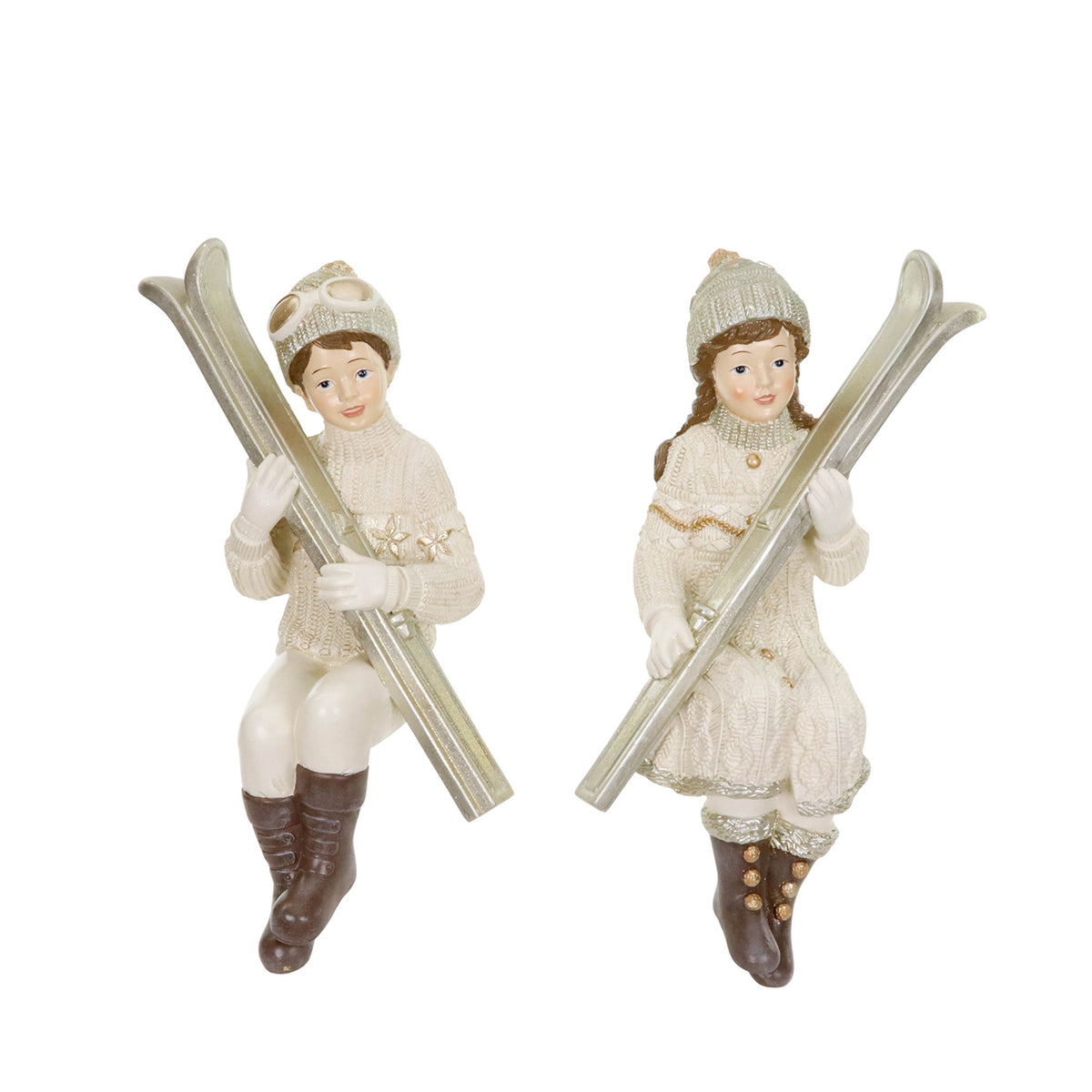 Set 2 copii de zăpadă așezați, cu schiuri, crem/auriu, 45 cm