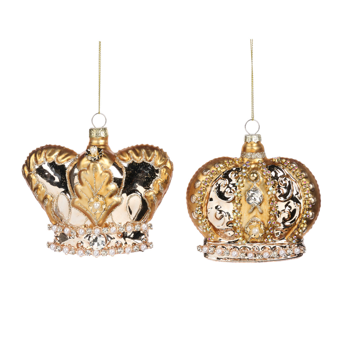 Set 2 coroane din sticlă cu pietre și perle, de agățat, auriu/crem, 11 cm