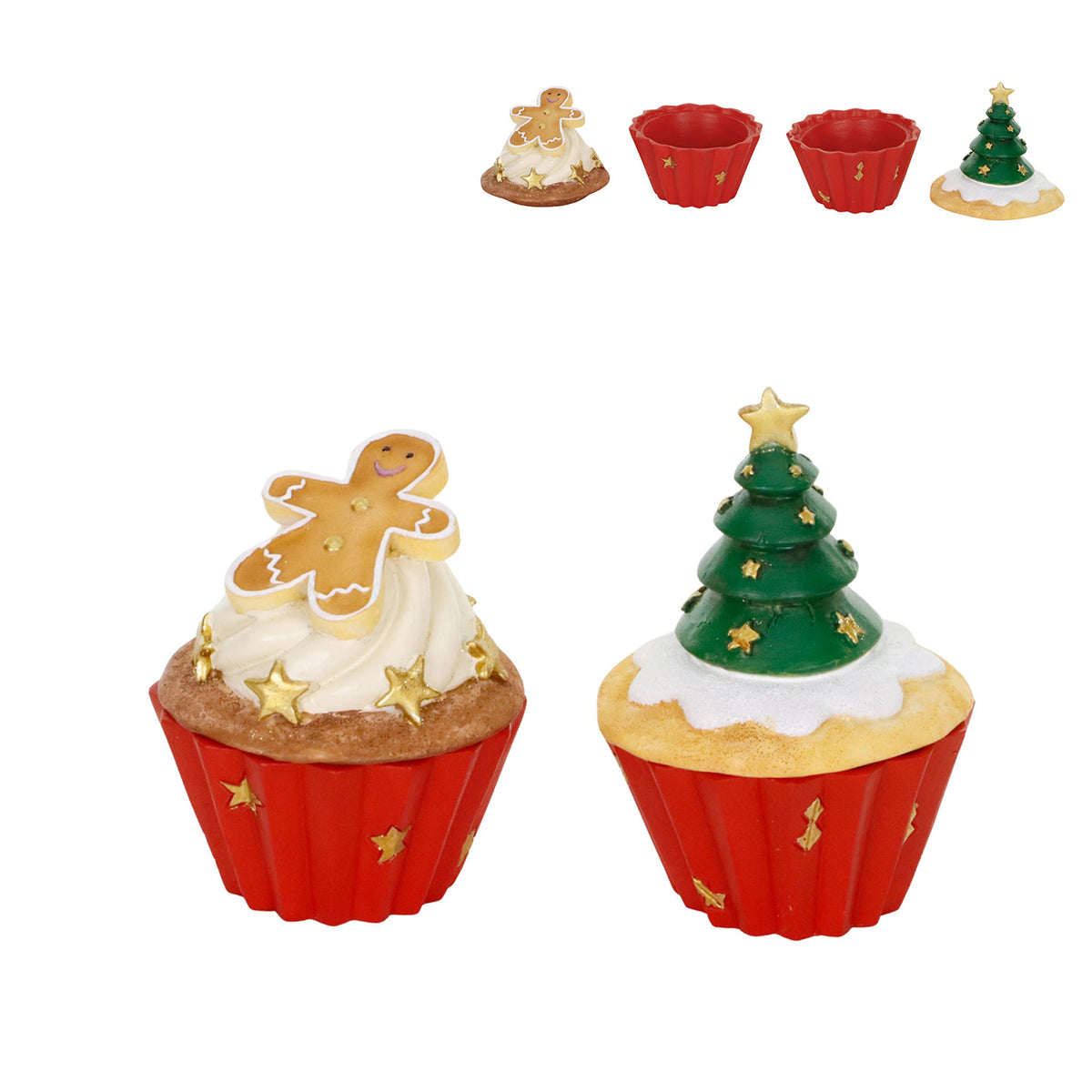 Set 2 cutii în formă de brad de Crăciun și de brioșă din turtă dulce, roșu/verde, 11,5 cm