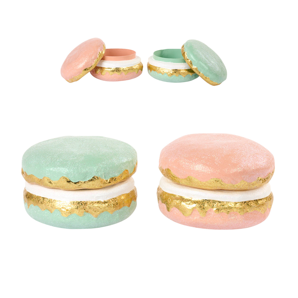 Set 2 cutii în formă de macaron din papier-mâché, roz/verde, 21 cm