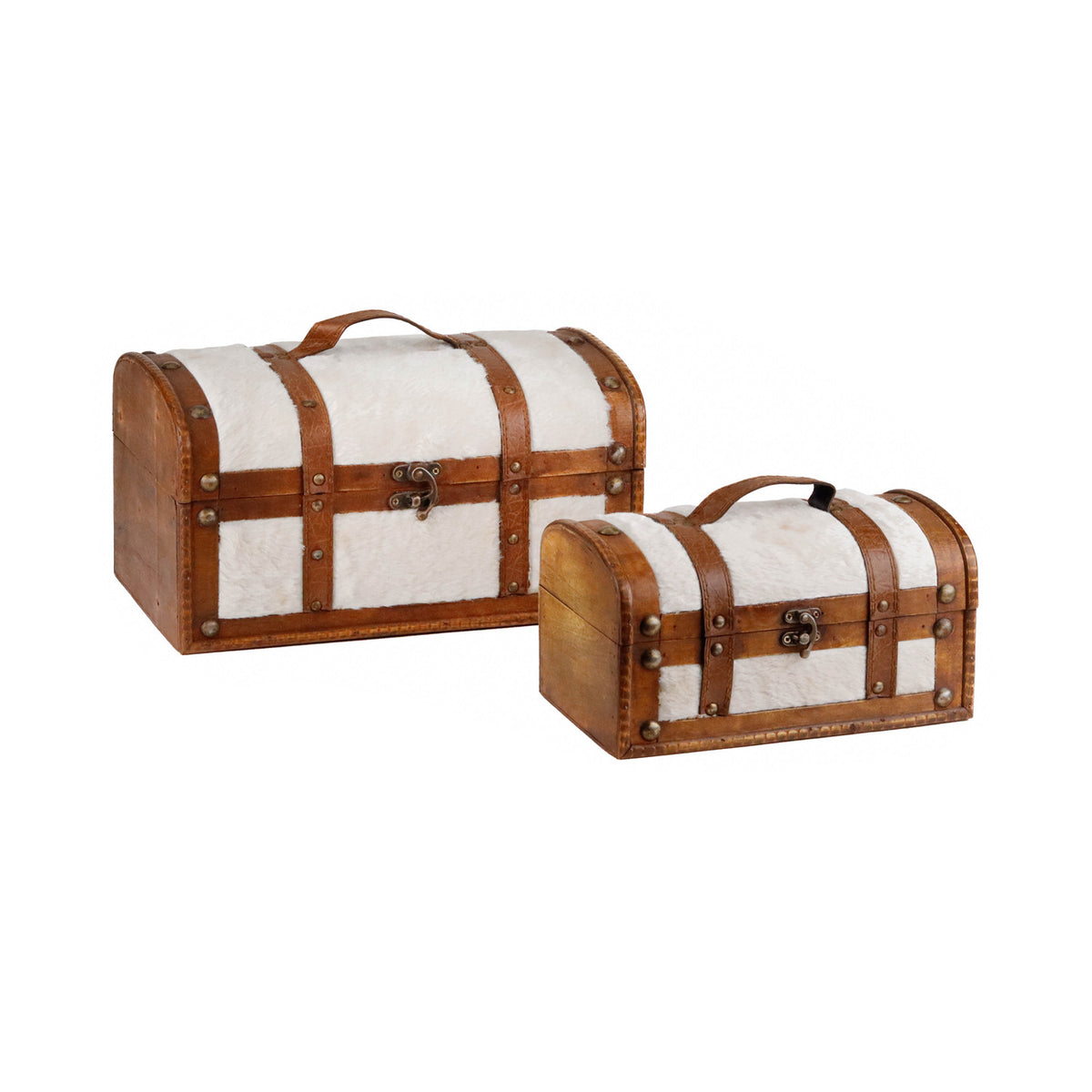 Set 2 cutii tip cufăr din lemn și blăniță, crem, 35/26 cm