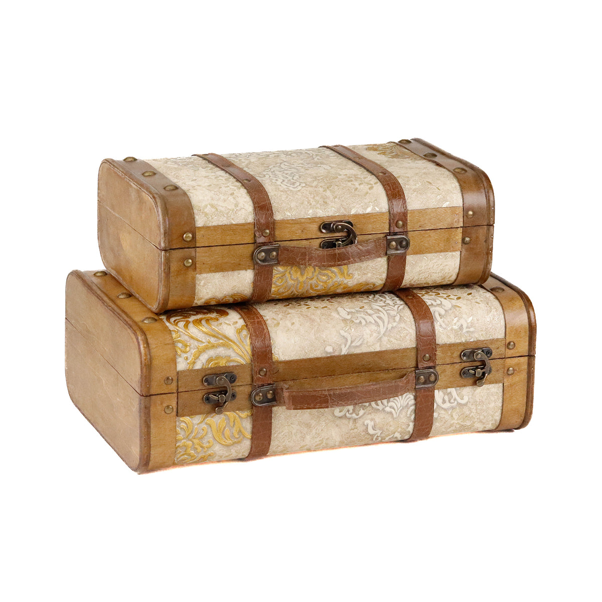 Set 2 cutii tip valiză din lemn cu model de acant, crem/auriu, 45/38 cm