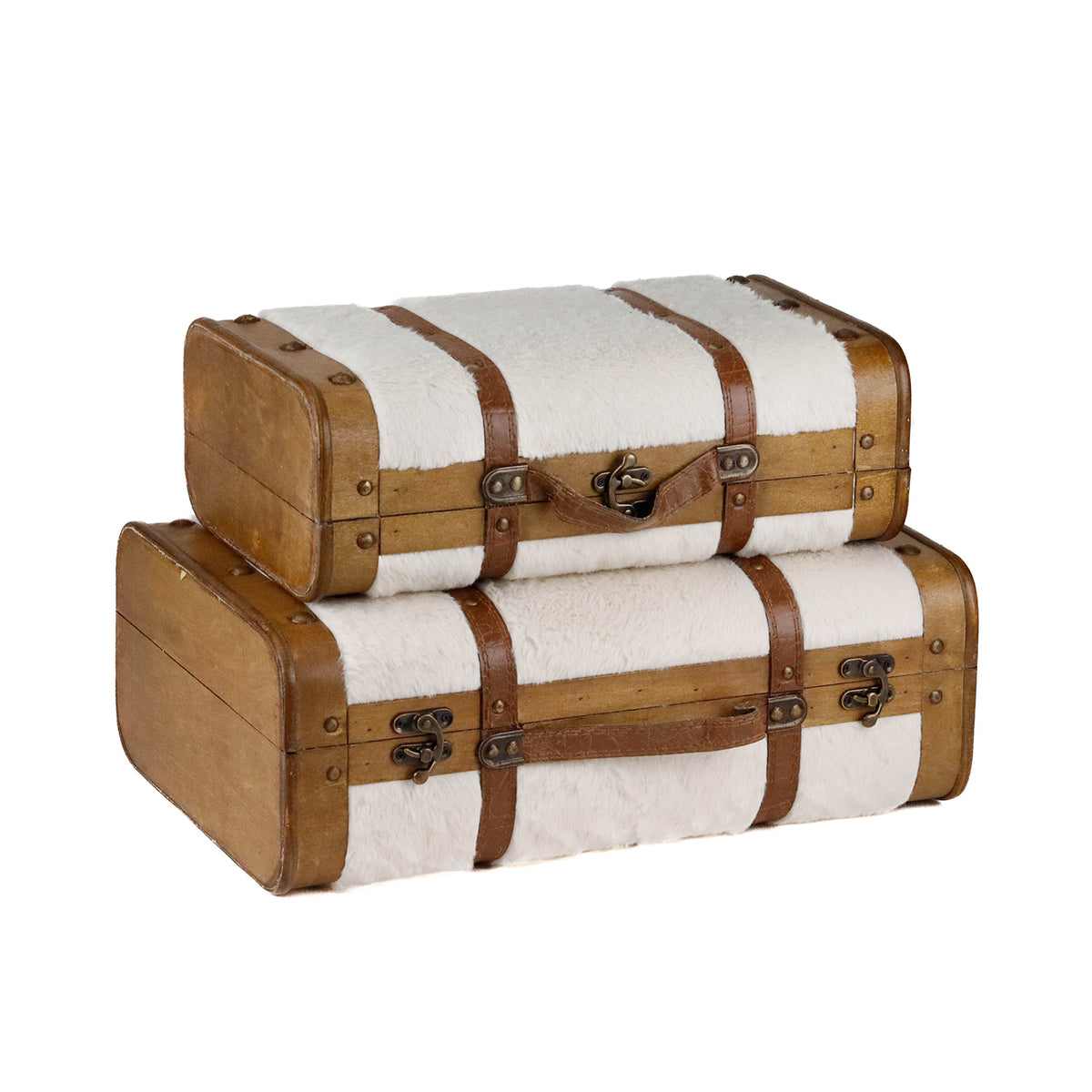 Set 2 cutii tip valiză din lemn și blăniță, crem, 45/38 cm