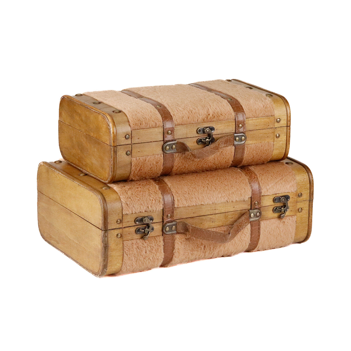 Set 2 cutii tip valiză din lemn și blăniță, maro, 45/38 cm