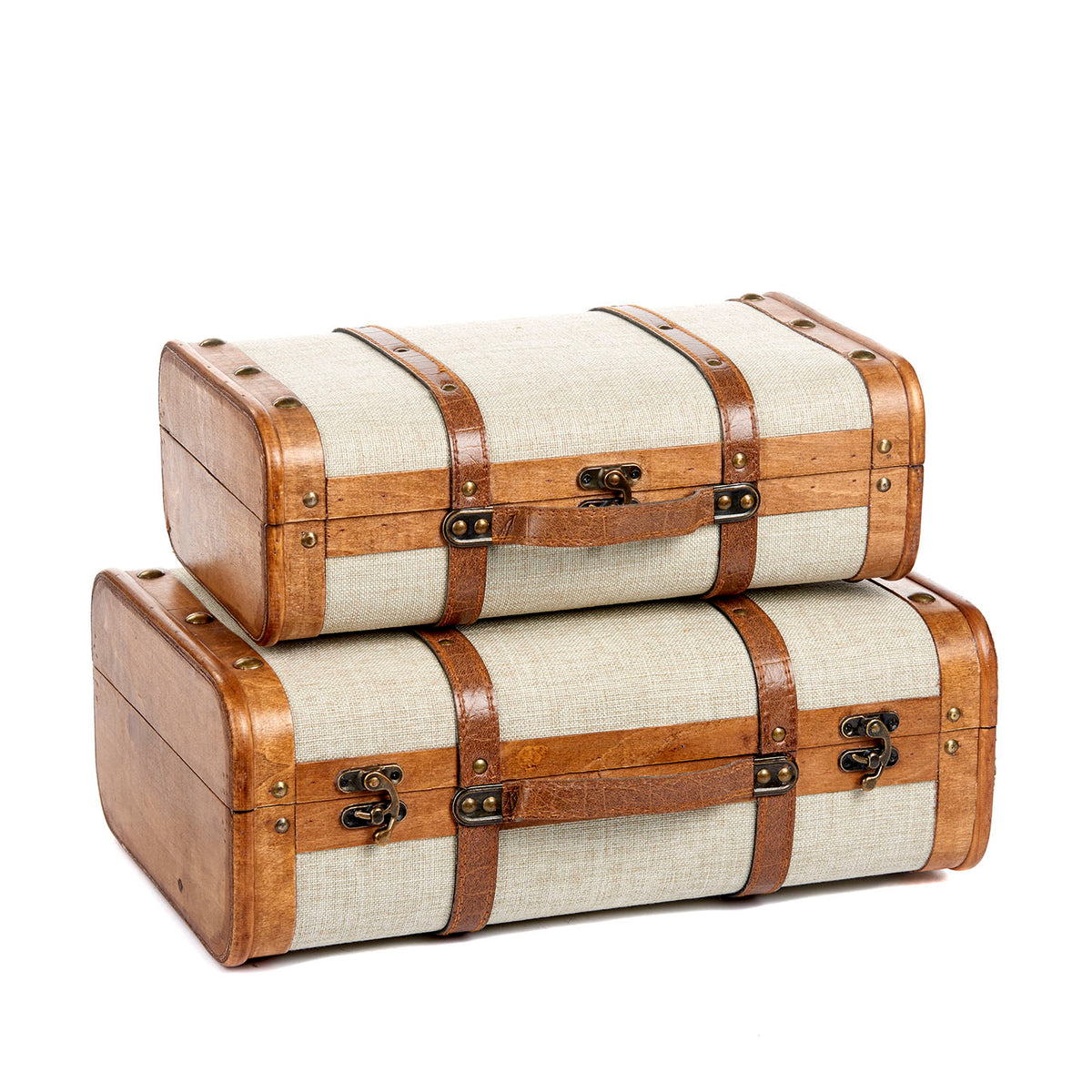 Set 2 cutii tip valiză din lemn și textil, crem, 45/38 cm
