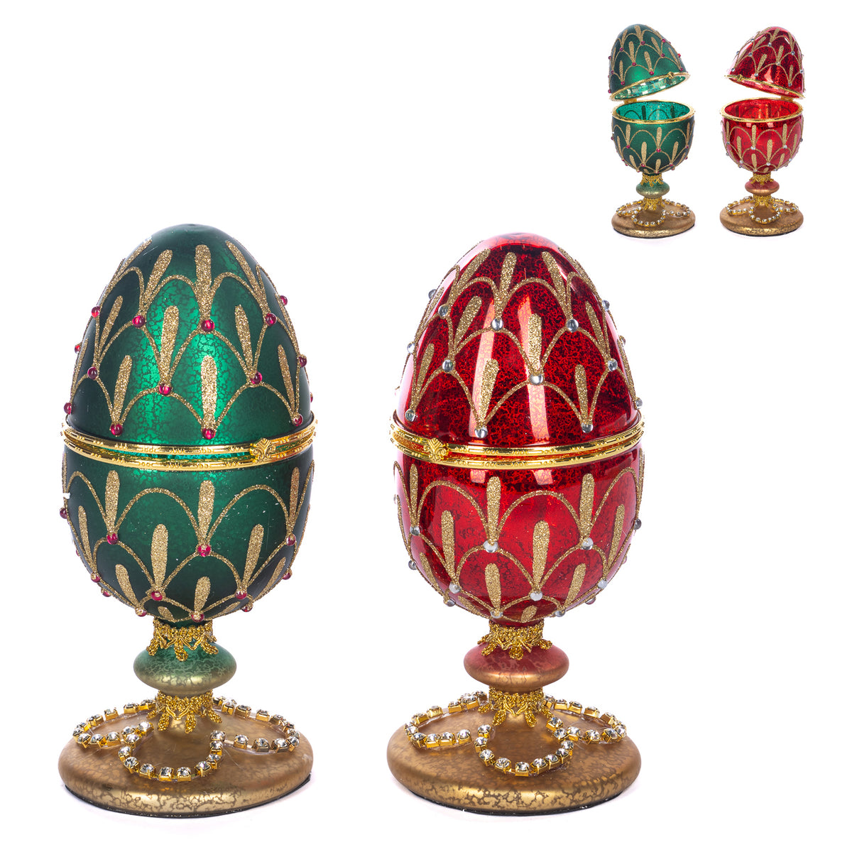 Set 2 cutiuțe în formă de ou din sticlă antichizată cu pietre, roșu/verde/auriu, 23 cm