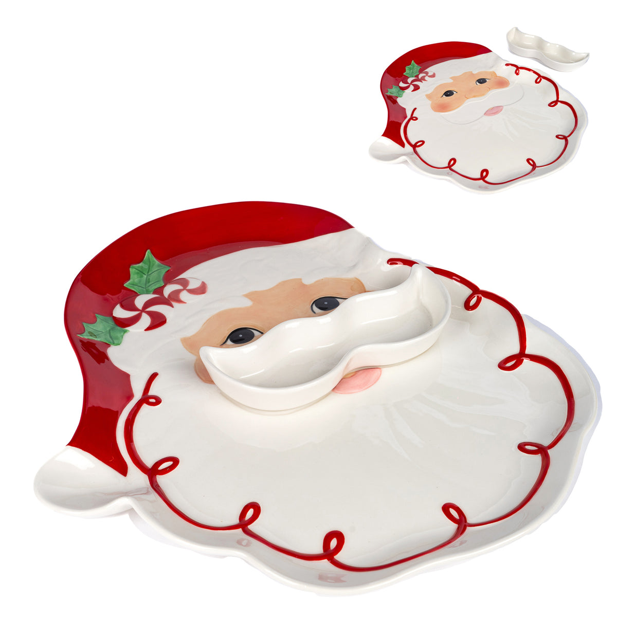 Set 2 farfurii din dolomită cu cap de Moș Crăciun, alb, 36 cm