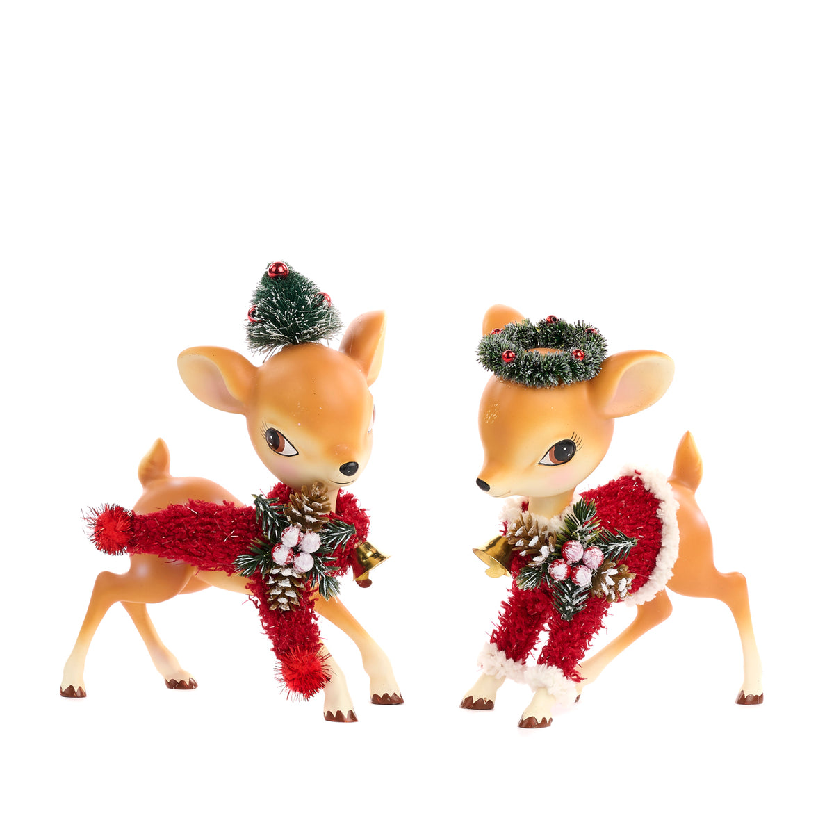 Set 2 figurine Bambi de Crăciun, una cu brad și una cu coroniță, maro, 19 cm