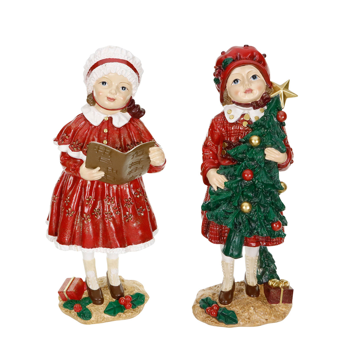 Set 2 figurine copii victorieni de Crăciun cu brad și carte, roșu, 69 cm