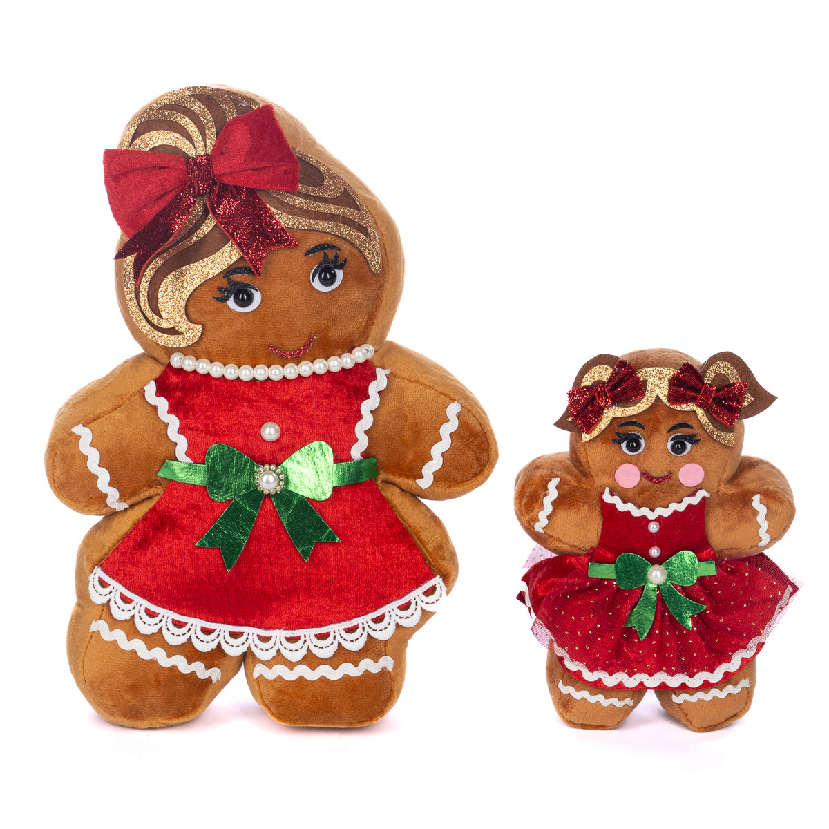 Set 2 figurine mamă și copil din turtă dulce, din textil, maro/roșu, 32 cm