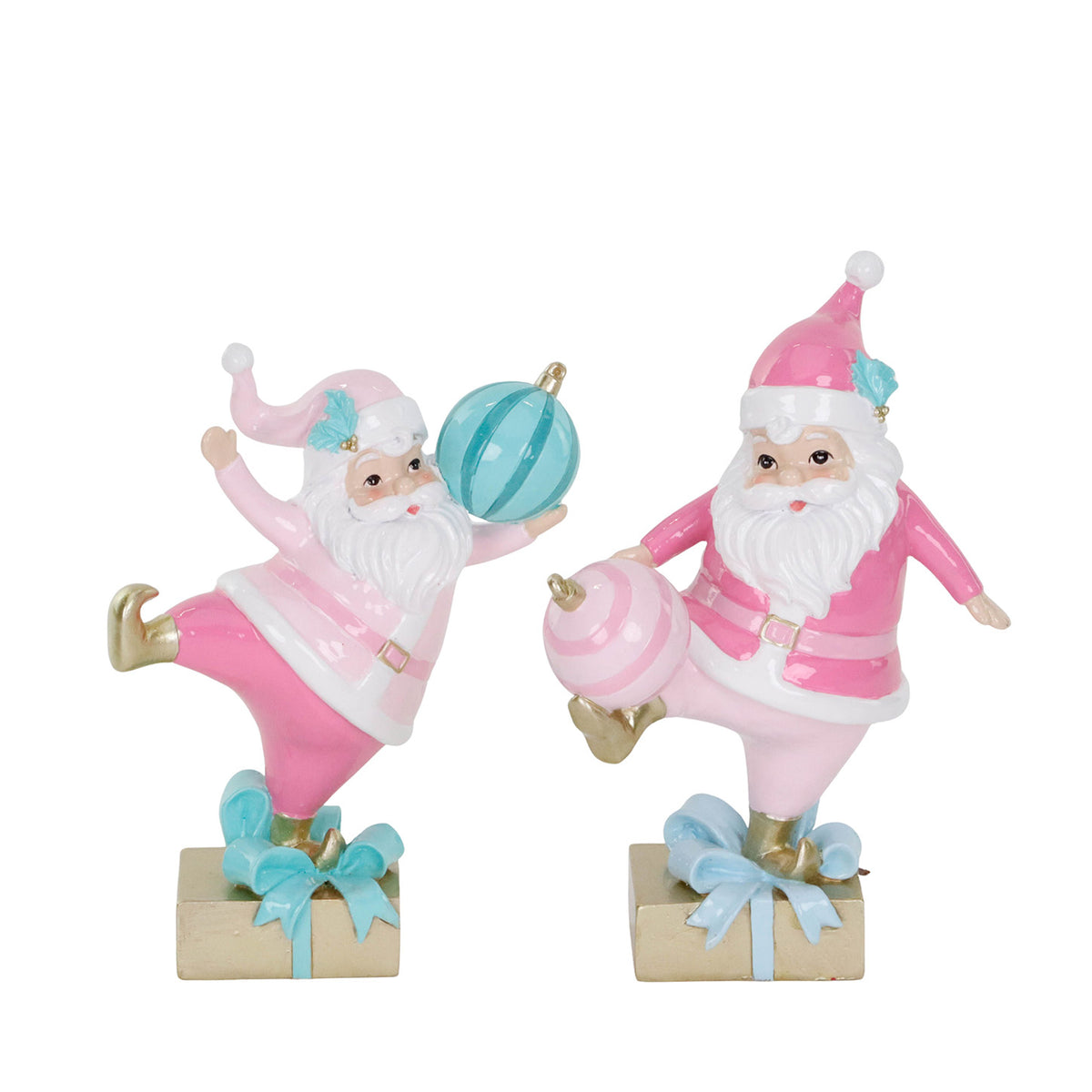 Set 2 figurine Moș Crăciun jucându-se cu mingea, roz/auriu/albastru, 21,5 cm