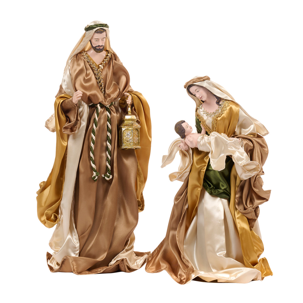 Set 2 figurine Sfânta Familie, din textil și metal, maro/auriu/verde, 65 cm