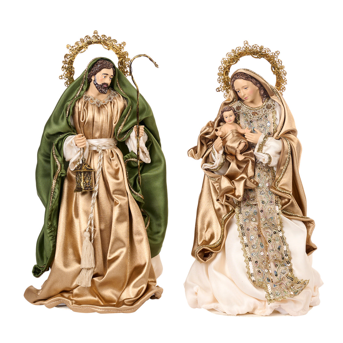 Set 2 figurine Sfânta Familie, din textil și metal, verde/crem/șampanie, 42 cm