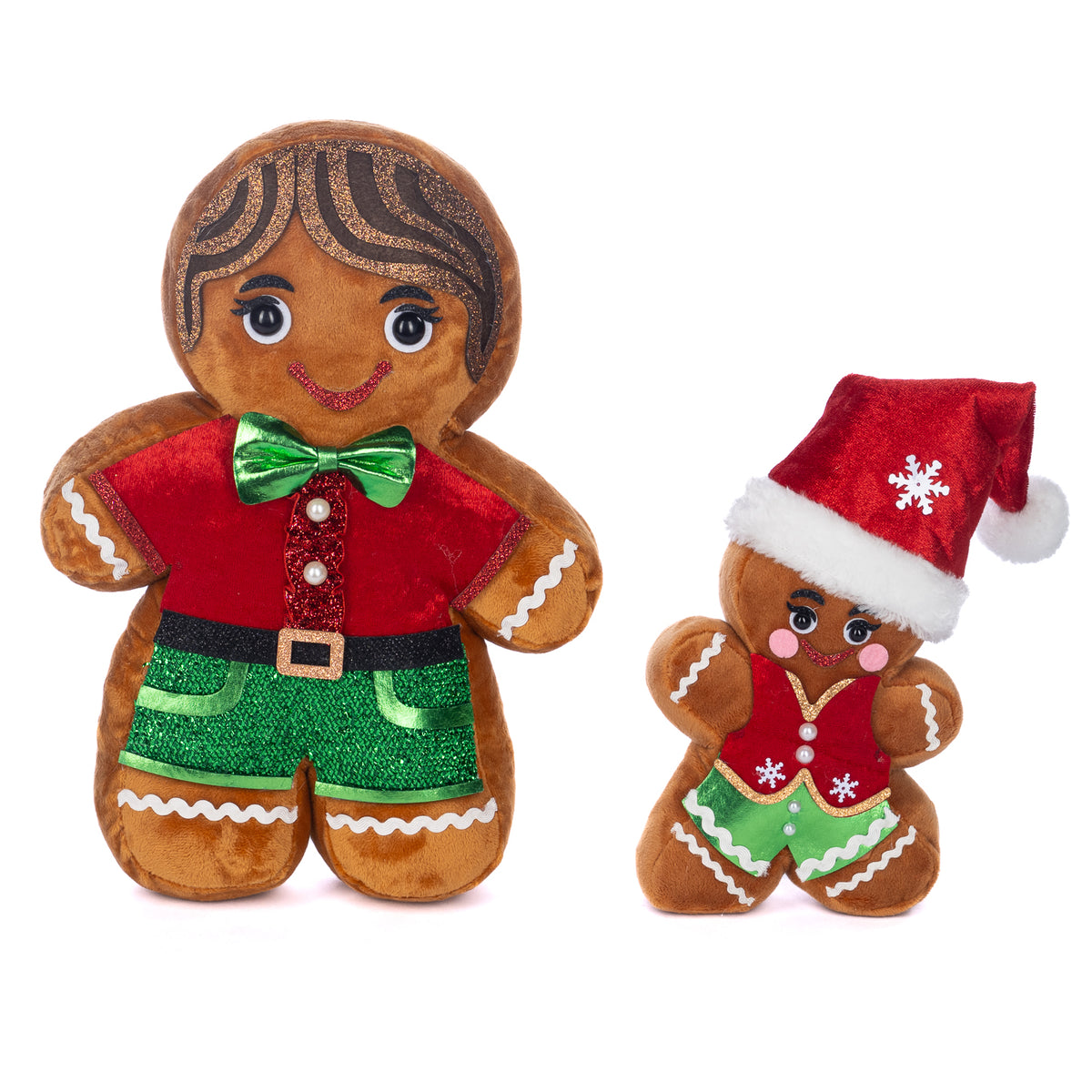 Set 2 figurine tată și copil din turtă dulce, din textil, maro/roșu/verde, 32 cm