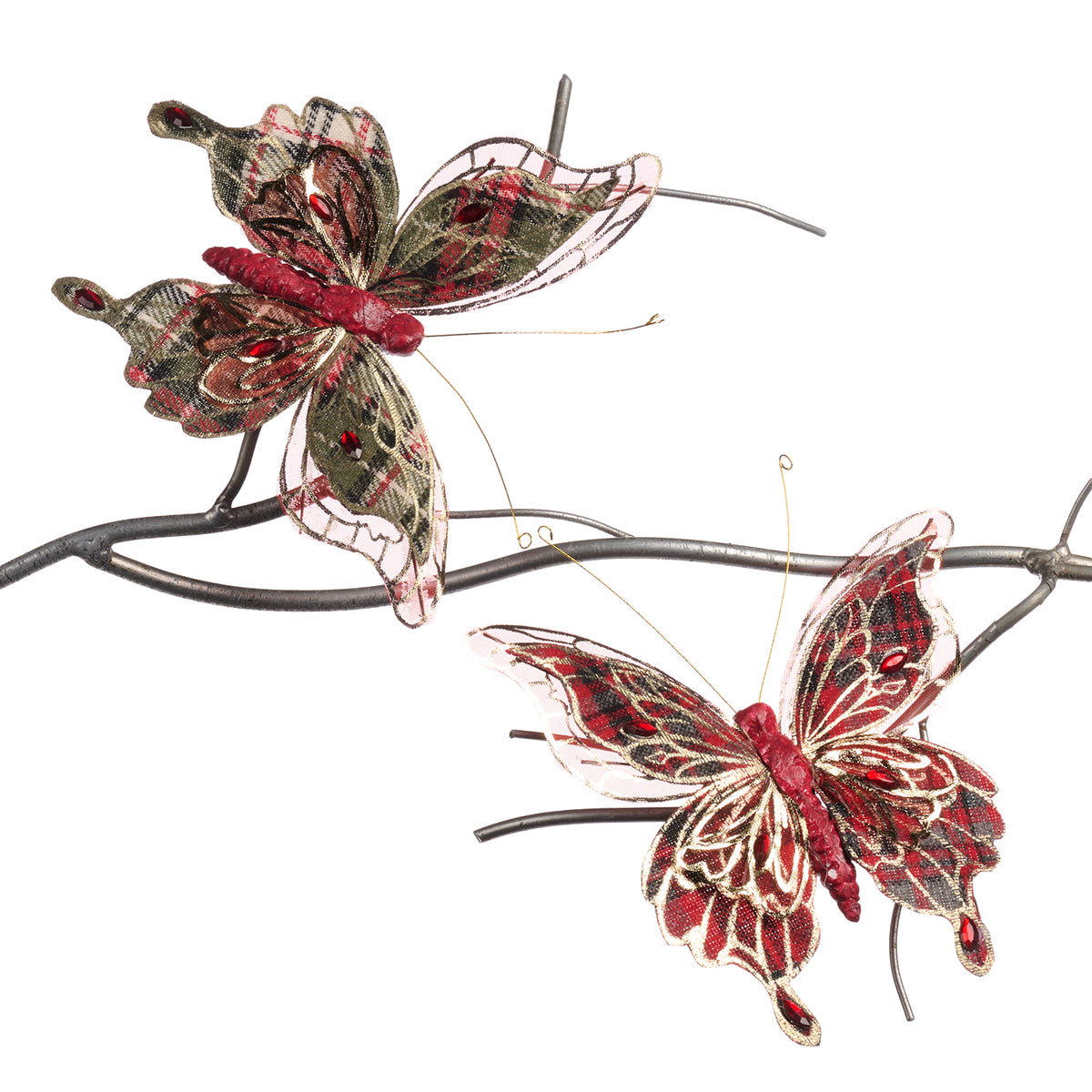 Set 2 fluturi din textil tartan, pe clemă, roșu/verde/auriu, 16 cm