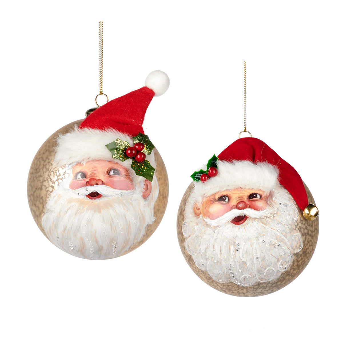 Set 2 globuri cu cap de Moș Crăciun, din sticlă și textil, crem/alb/roșu, 14 cm
