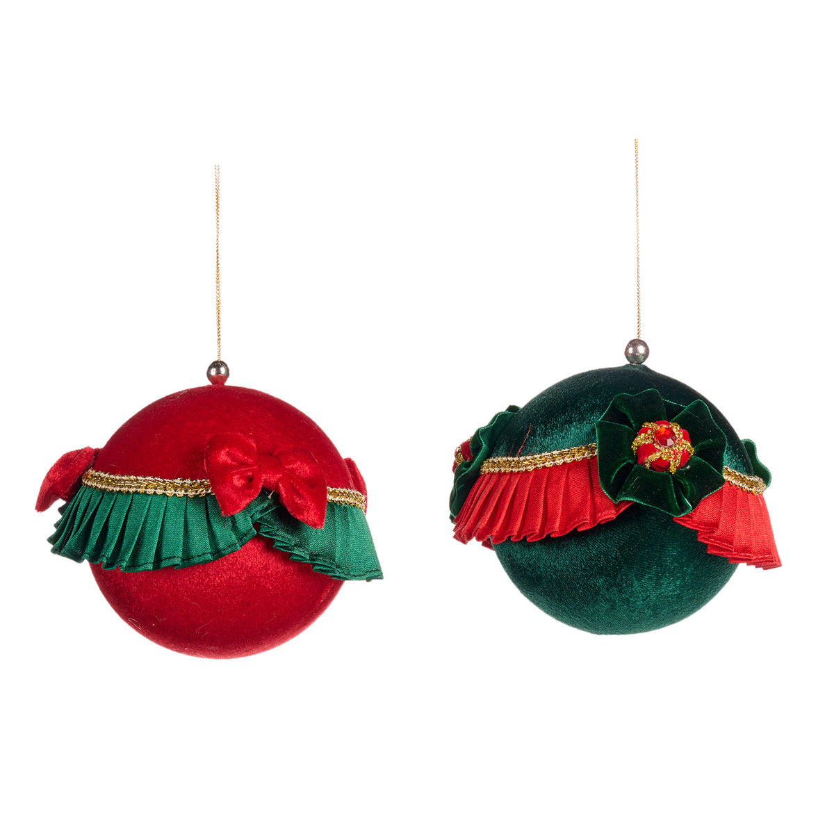 Set 2 globuri cu volănașe, roșu/verde, 11 cm