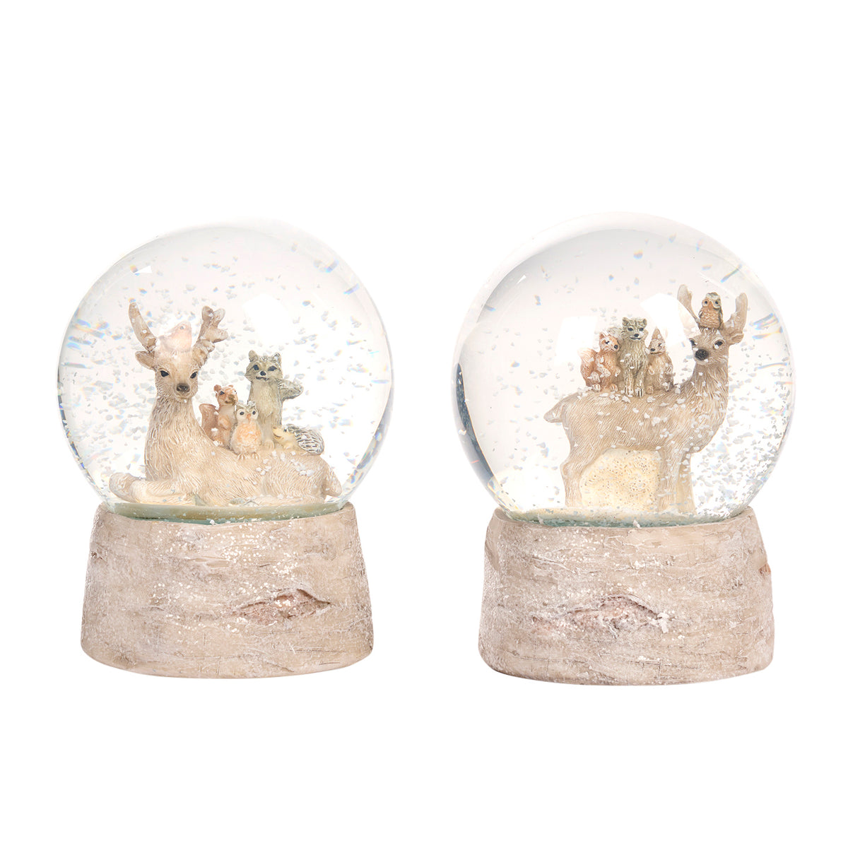 Set 2 globuri cu zăpadă din sticlă cu cerb și animale din pădure, crem, 13,5 cm