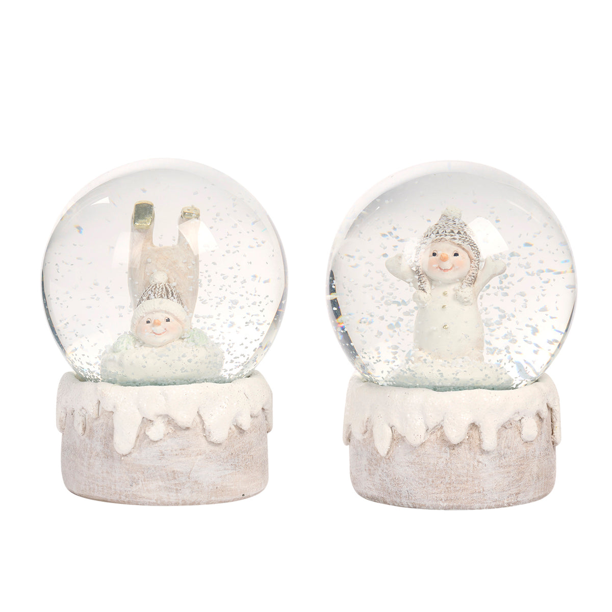 Set 2 globuri cu zăpadă din sticlă cu om de zăpadă, alb, 13 cm