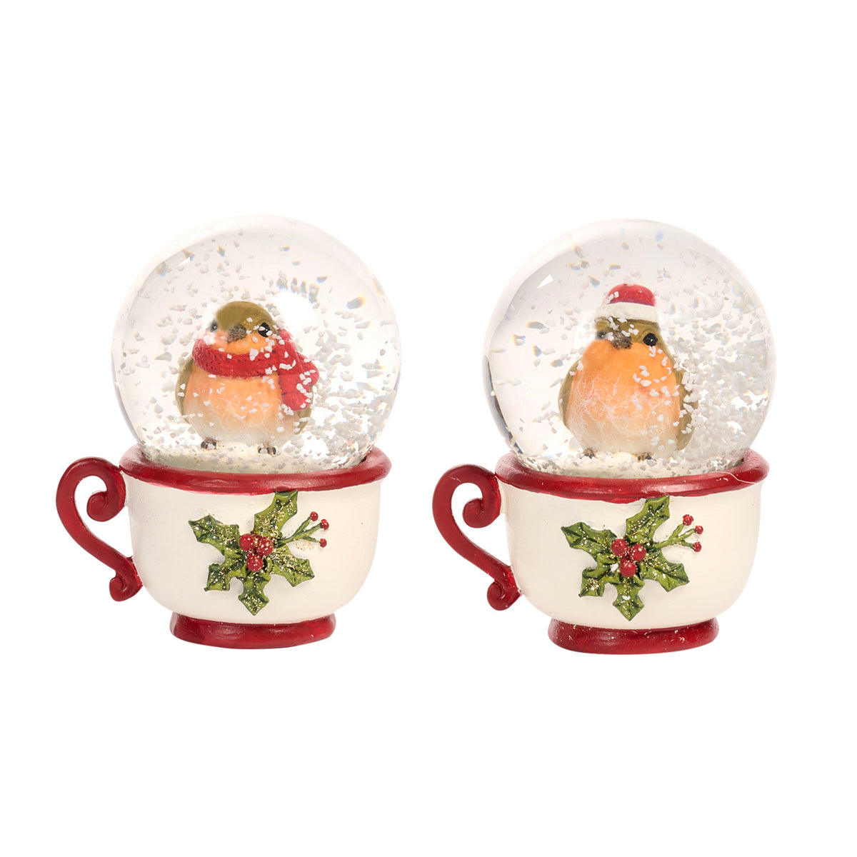 Set 2 globuri cu zăpadă din sticlă cu pasăre de Crăciun și cană, roșu/crem, 9,5 cm