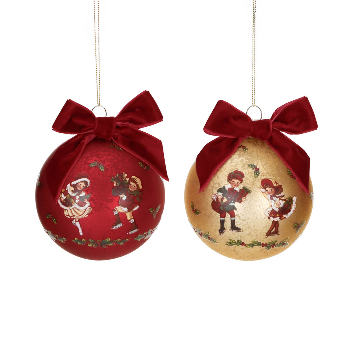 Set 2 globuri de Crăciun din sticlă cu fundă, auriu/galben/roșu, 10 cm